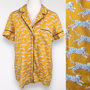 Boden Yellow Button Down Shirt with Leopard Print